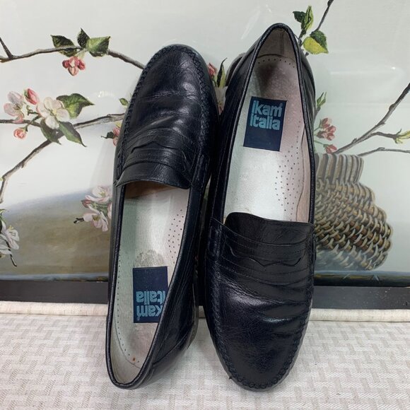 Vintage Ikam Italia Black Leather Mens Loafers Size 10 Timeless Design Detailing - Picture 8 of 8